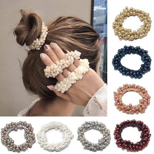 Donna elegante perla cravatte per capelli perline ragazze scrunchies elastici titolari coda di cavallo elastico per capelli 14 colori