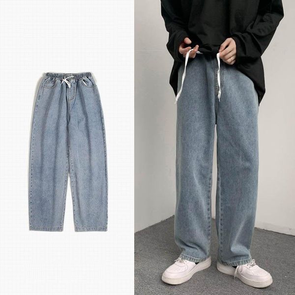 

men's jeans blue baggy 2021 autumn men fashion drawstring elastic waist straight leg hombre casual loose wide denim trousers