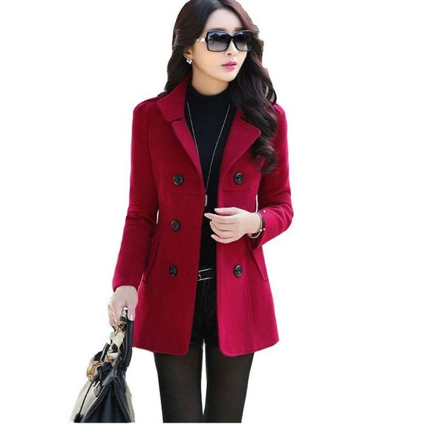 

women's wool & blends autumn winter coats fashion women medium long coat jacket double-breasted slim turn-down collar woolen overcoat, Black