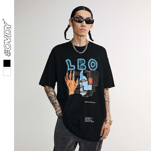 

wxwovdy men's 2021 spring and summer new fashion brand simple personality graffiti print t-shirt loose short sve, White;black