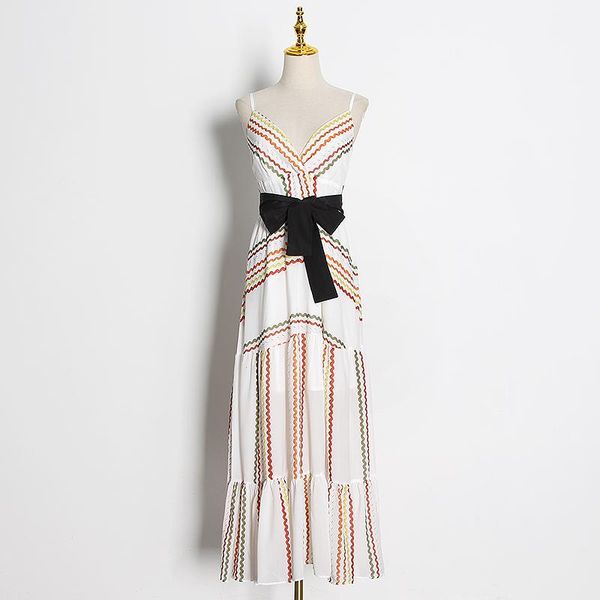 

casual dresses striped women maxi dress v neck sleeveless high waist spaghetti strap hit color long elegant vestidos, Black;gray