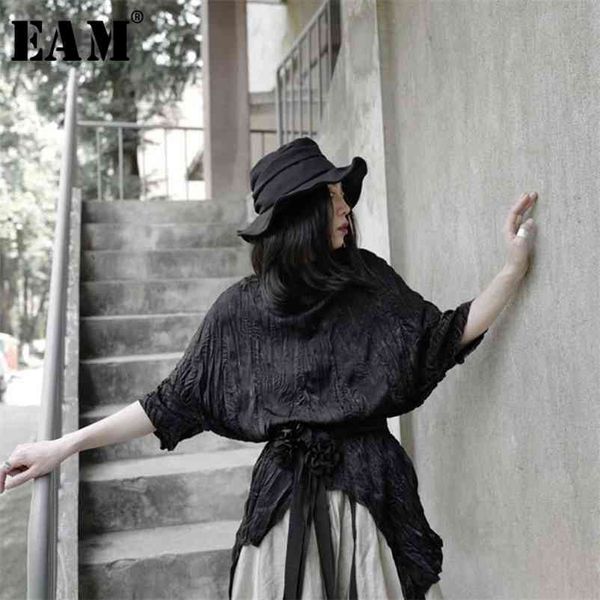 

[eam] women black pleated irregular split big size t-shirt new round neck half sleeve fashion tide spring summer 1w318 210401, White