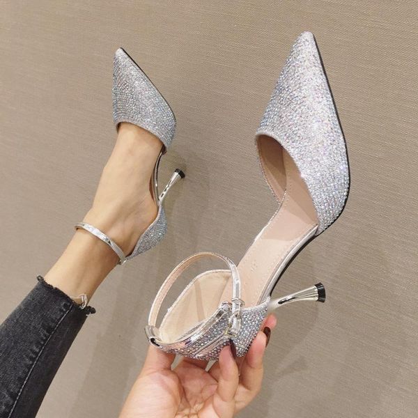 

dress shoes luxury wedding party women 2021 woman rhinestone pointed toe stilleto ankle strap high heels pumps, Black