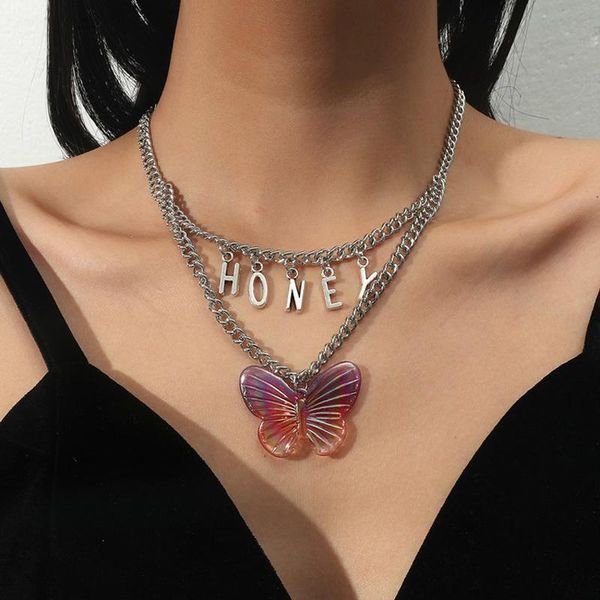 

pendant necklaces fashion punk double layer honey rainbow butterfly necklace for women egirl metal letter choker collar female party chain, Silver