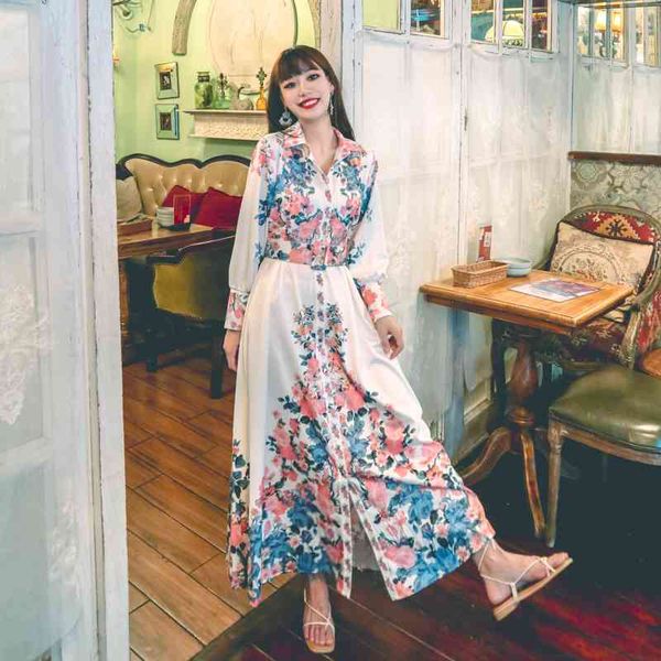 

spring flare sleeve printed flowers dress women sashes indie folk style polo collar mid-calf long clothes 210513, Black;gray