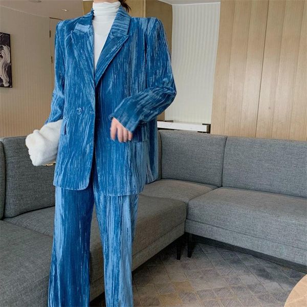 

women's tracksuits 2021 velvet suit outfit korean two piece set women matching fashion office blazer jacket coat + high waist loose str, Gray