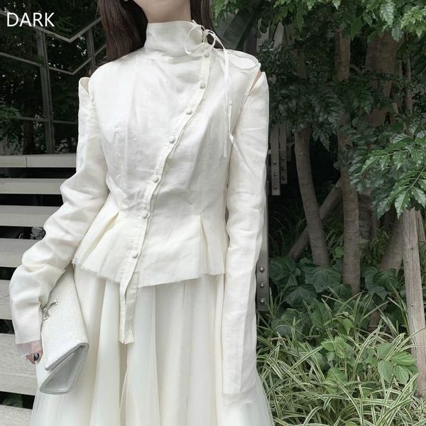 

women's blouses & shirts [dark] gorgeous french dark pioneer girl creamy white silk organza court style oblique button top