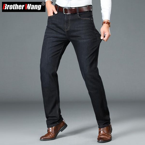 

men's jeans autumn and winter volcanic rock fabric men's business thick classic style black blue denim stretch straight pants male