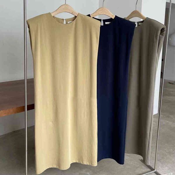 

ies woman padded shoulder dress summer sleeveless midi tank dress round neck straight pullover 210412, Black;gray