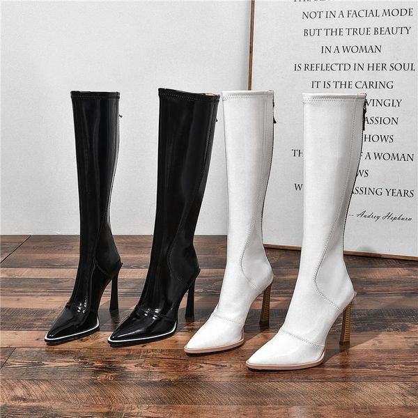 

star style soft leather women long boots fashion contrast color zip stiletto high heels autumn winter warm knee-high shoes, Black
