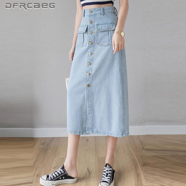

skirts streetwear single breasted summer a-line jeans with pocket 2021 high waist vintage bf denim long skirt femme saias, Black