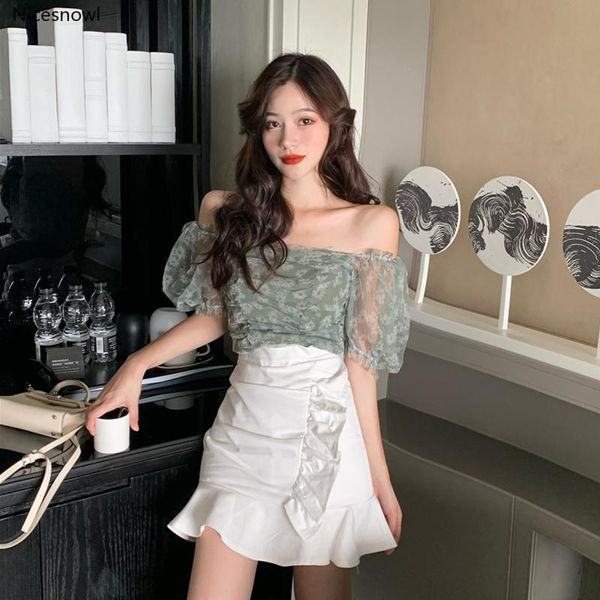 

nicesnowl elegant mesh lantern sleeve off-shoulder wooden ear hip skirt set summer fashion women's two-piece suit suits & blazers, White;black