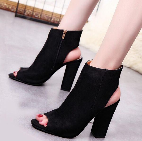 

ankle boots faux suede leather casual open peep toe high heels zipper fashion square rubber black shoes for women plus size 43 sandals1