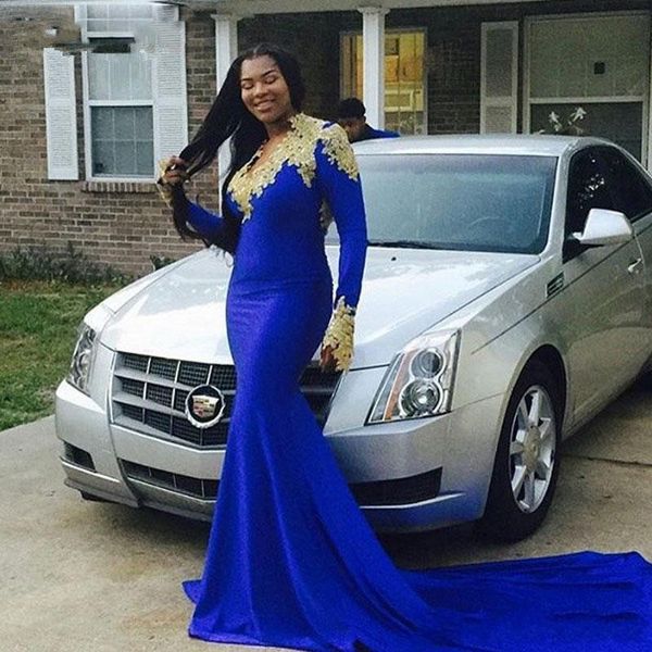 

gold appliques royal blue mermaid prom dresses long sleeve court train formal party evening gowns robe vestidos custom made, Black