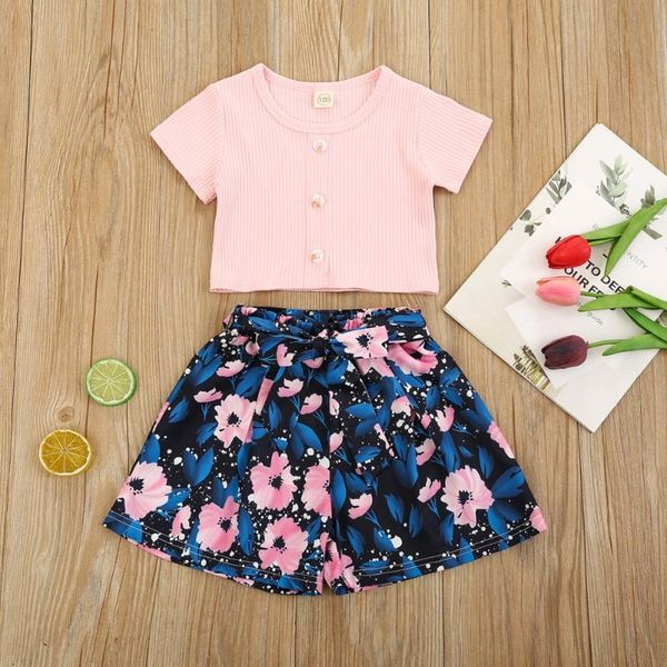 

summer baby girl clothes girls floral shorts set children t-shirt kids two pieces outfits clothing sets, White