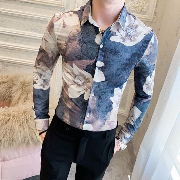 

mens retro print shirts men long sleeve shirt autumn flower printing korean clothes vetement homme outfit men's casual, White;black