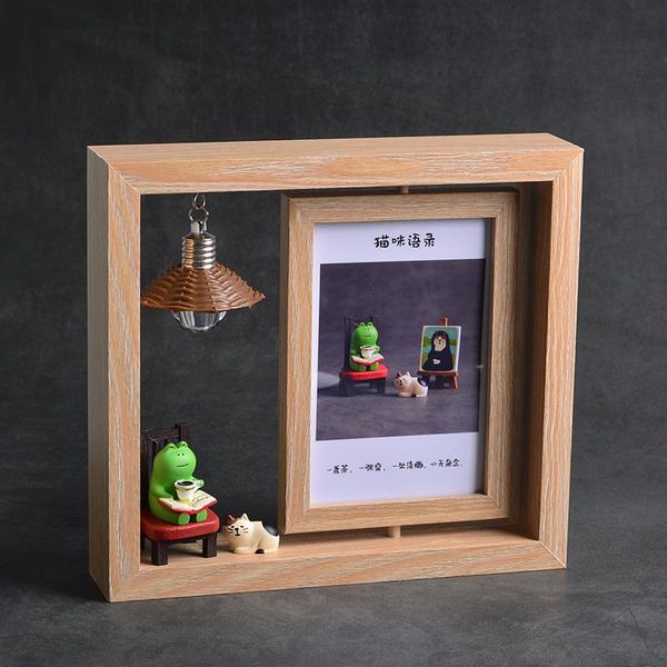 

frames 6 inch wooden rotated po frame home decor double side with light mini animal figure desk ornament christmas kids gift