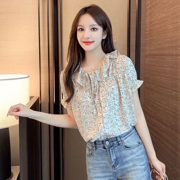 

ladies floral prints shirts summer ruffles lapel petal short sleeves blouse fashion casual chiffon with bow women's blouses &, White