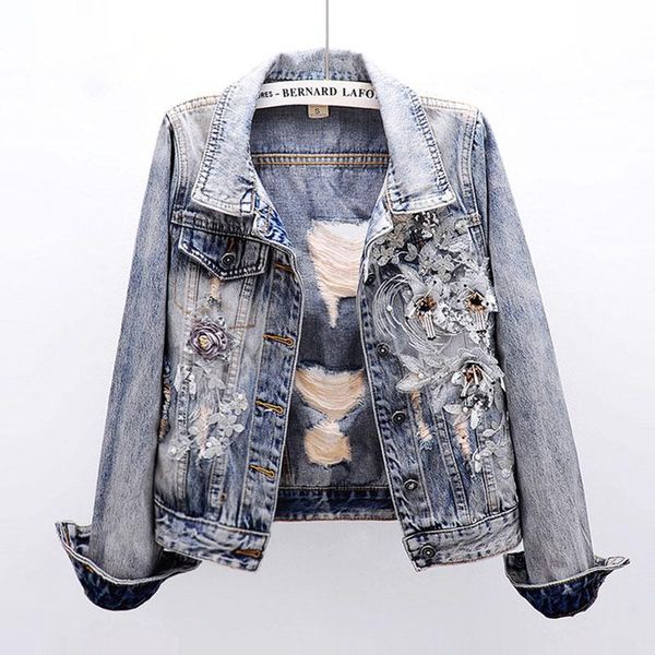 

women's jackets spring 2021 short denim jacket women heavy industry beaded flowers slim hole make old sequins lapel autumn plus size st, Black;brown