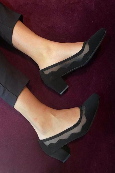 

black suede fishnet pattern women 's high-heeled shoes dress