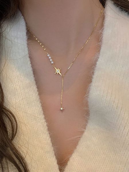 

flash 2021 diamond star awn women's simple design sense clavicle chain net red necklace, Silver