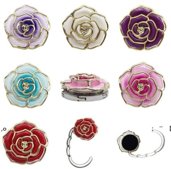 Metallaufhänger in Rosenform, faltbare Taschen-Geldbörsenhaken, tragbarer Rosen-Tischhaken für Taschen, kreative mehrere Taschen-Schreibtischaufhänger RRA10404