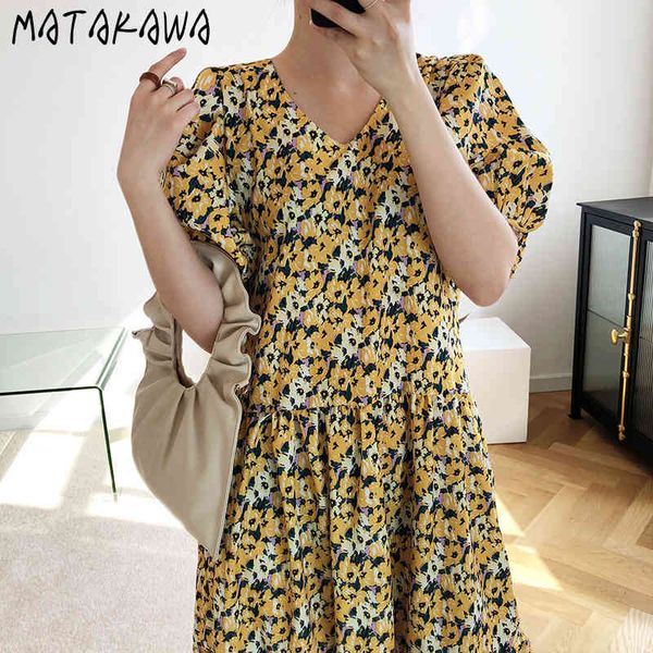 

matakawa puff sleeve midi dresses for women v-neck yellow floral dress female vintage fresh a-line robe big swing long vestidos 210513, Black;gray