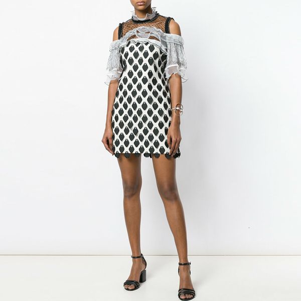 

women color block self portriat summer geometric appliques off the shoulder mesh lace straight black and white half sleeve, Black;gray