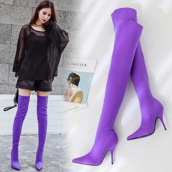 

boots thin knee length boots, heel pointed plush high elastic socks long leg women's in autumn, Black