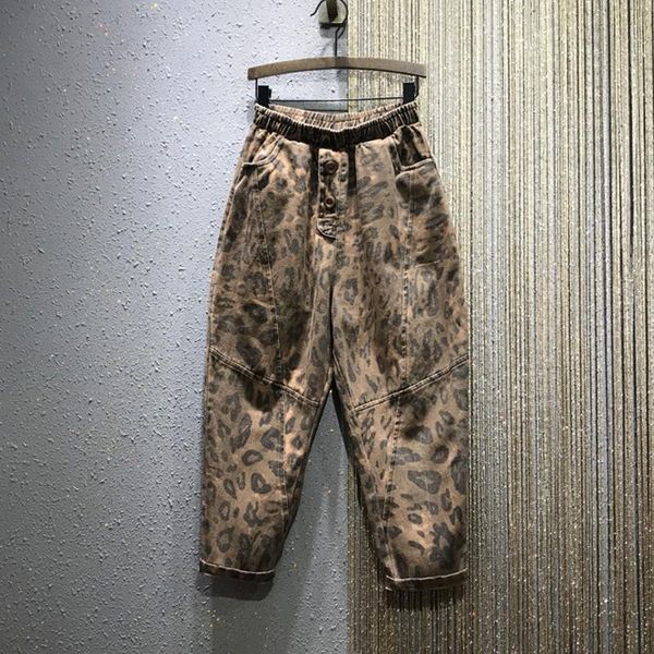 

women's jeans autumn fashion women elastic waist loose leopard print vintage all-matched casual cotton denim harem pants, Blue