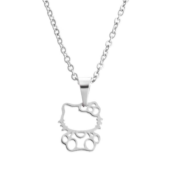 

everfast 1pc fashion stainless steel necklace,cute hollowed kitty cat pendant kids girls chokers statement necklace lucky girl, Silver
