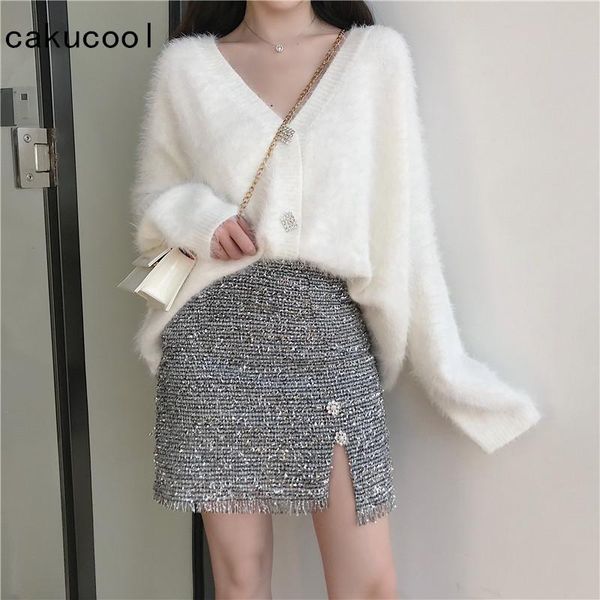 

women's two piece pants cakucool spring 2 set women long sleeve v neck white sweater shiny silver lurex mini skirt korean sweet conjunt