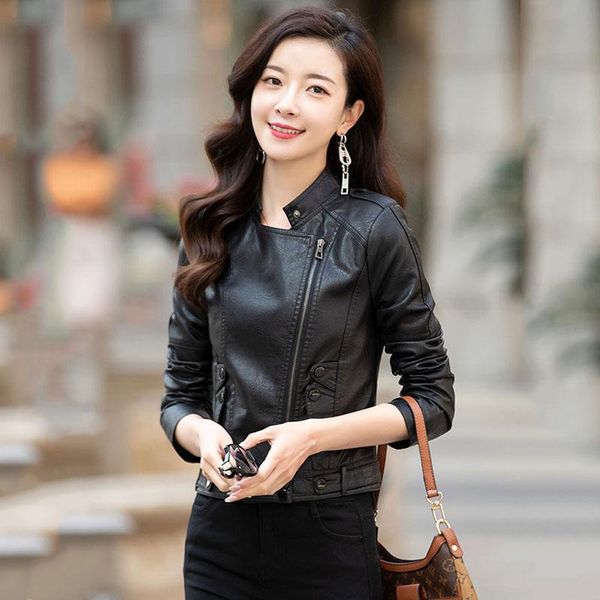 

women's leather & faux spring autumn ladies motorcycle jackets women turn-down collar zipper slim black moto biker jacket female