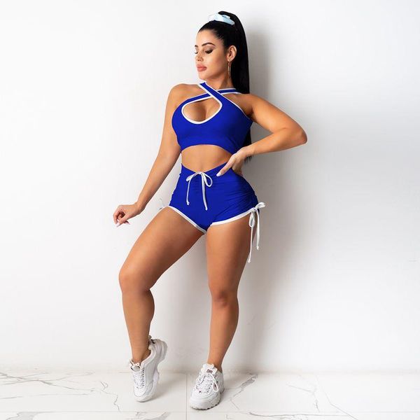 

women's tracksuits tnnaoff summer solid two piece women set sling sleeveless tank lace up biker shorts lounge wear matching sets, Gray