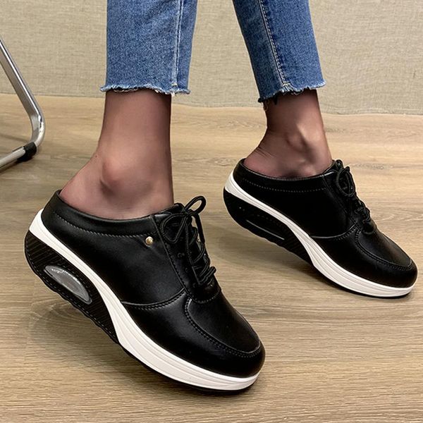 

slippers 2021 spring wedge white platform sneakers for women shoes thick sole air cushion slimming lady swing casual, Black