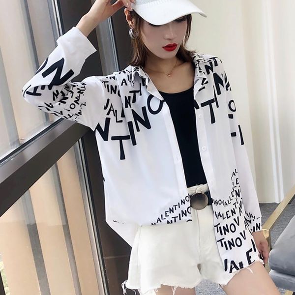 

autumn turn-down collar blouses women letters printed buttons blouse long sleeve shirts women's &, White