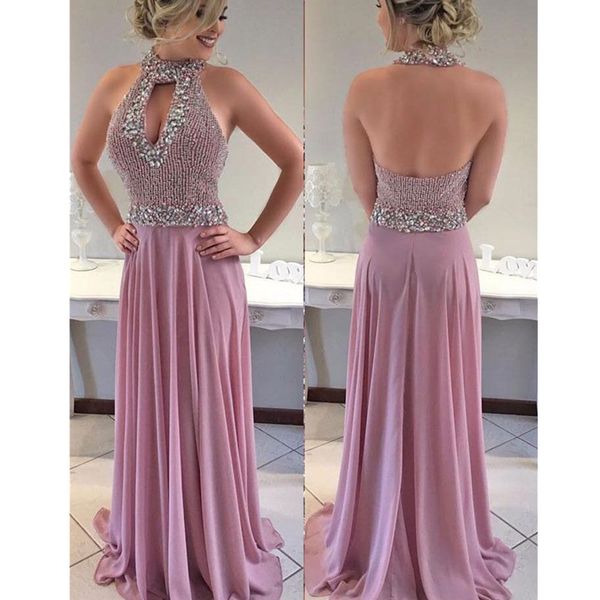 2022 Neue Real Image Prom Kleider High Neck Kristall Große Perlen Schlüsselloch Chiffon Open Back Lange Party Formale Abendkleider tragen