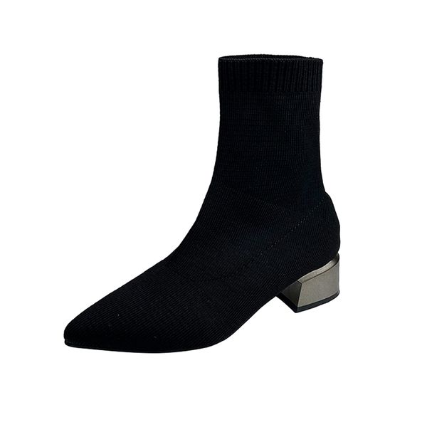 

autumn winter boots women's knit elastic socks pointed toe chunky heel black fashion ankle chelsea woman shoe 211204