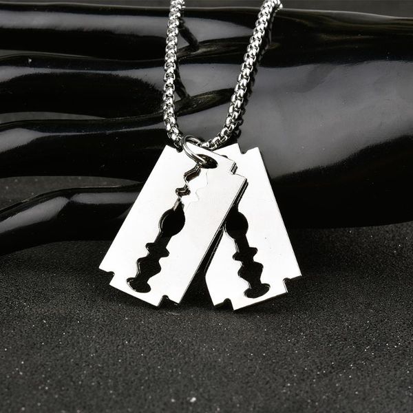 

pendant necklaces fan cool razor blades for men hip hop long chain male shaver & 2021, Silver