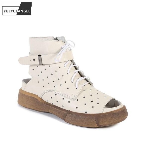 

high street summer genuine leather shoes women hollow out peep toe lace up flat sandals fashion leisure platform sandal, Black