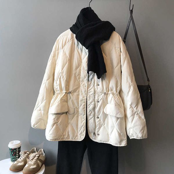 

diamond lattice down cotton coat women's winter korean loose waist warm thick parkas women coats and jackets 210607, Black