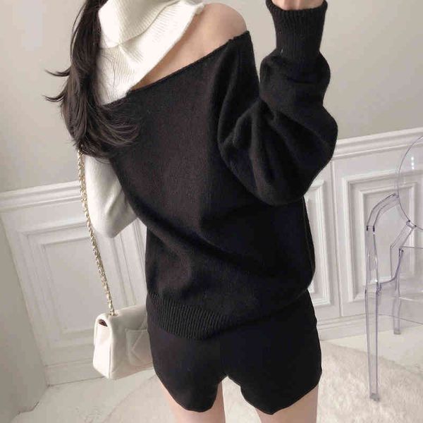

women's sweaters irregular sweater autumn winter contrast color turtleneck pullovers female off shoulder loose jumper new fashion, White;black