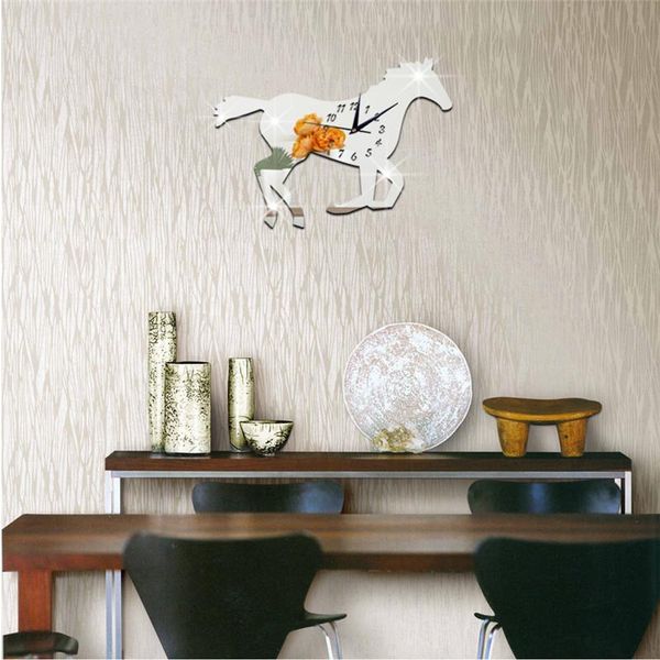 

wall clocks cartoon horse sticker 3d acrylic mirror self-adhesive reloj pared horloges bedroom house decor stickers decal poster