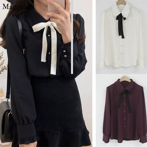 

korean autumn loose plus size blouse women office cardigan puff sleeve long-sleeved chiffon shirt 9820 210518, White