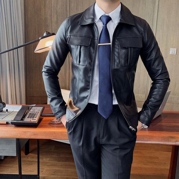 

men's fur & faux zipper leather jacket mens green motorcycle jackets men deri ceket solid color lapel chaqueta marron hombre, Black