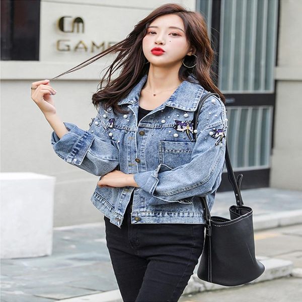 

women's jackets 2021 spring pearl beading crop butterfly embroidery denim women casual jeans bomber jacket long sleeve coat korean, Black;brown