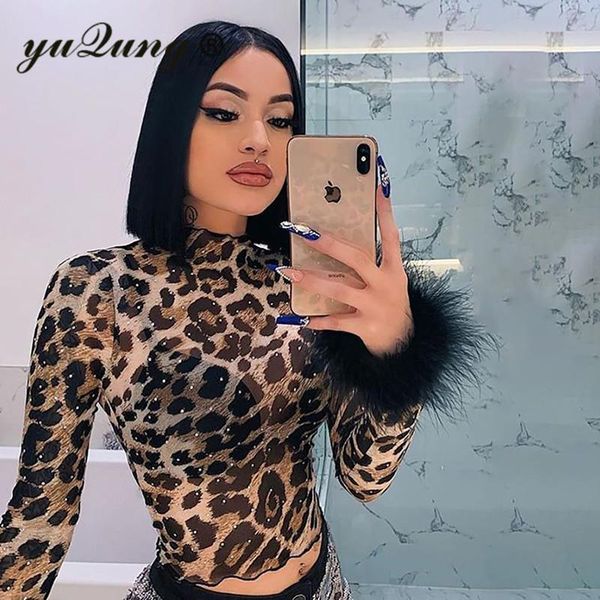 

women's t-shirt yuqung leopard print faux fur long sleeve crop tshirt see through short t-shirts for women slim fashion tees street, White