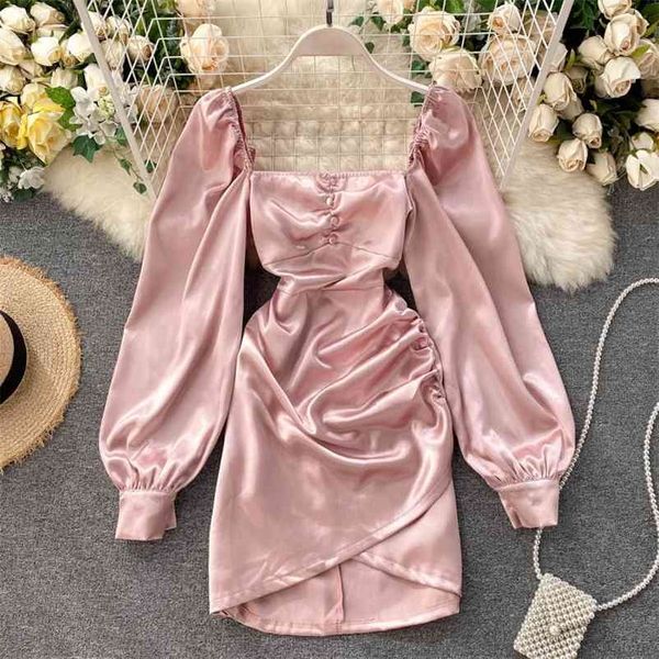 

spring autumn women's satin dress retro black square neck new long sleeve mini vestidos female gd580 210409, Black;gray