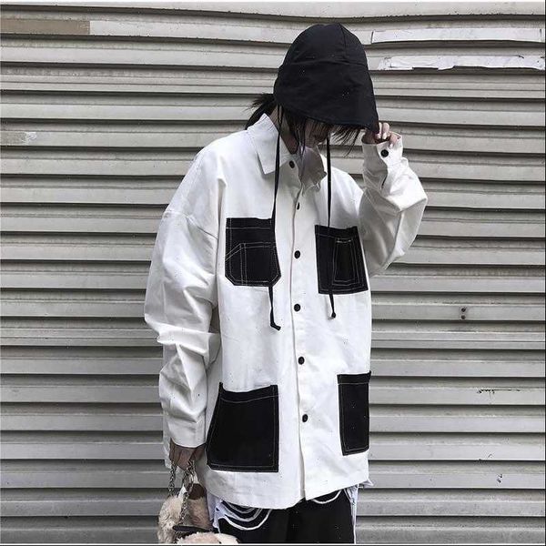 

block contrast pocket streetwear loose womens blouses plus size harajuku punk hip hop korean blouse women, White