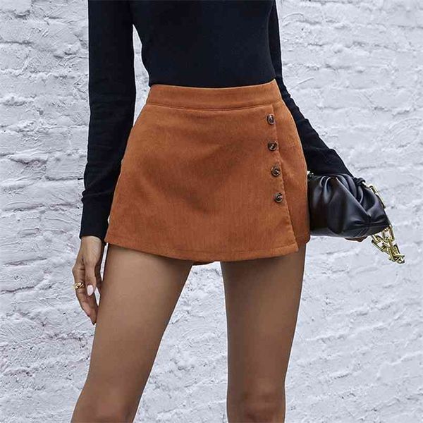 Damenmode Vintage All-Match-Cord-Shorts Rock für Frauen Herbst Winter koreanische Kleidung Casual sexy Knopf weiblich 210508